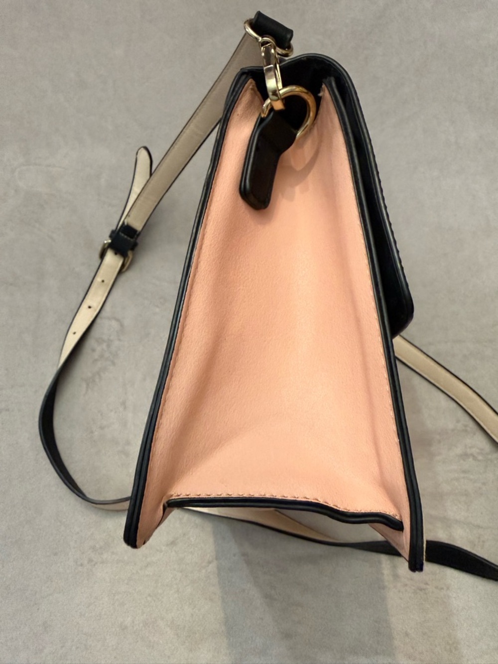 ALDO Black Beige Top Handle Satchel Crossbody Gold Chain Accent Structured Purse - Picture 7 of 11